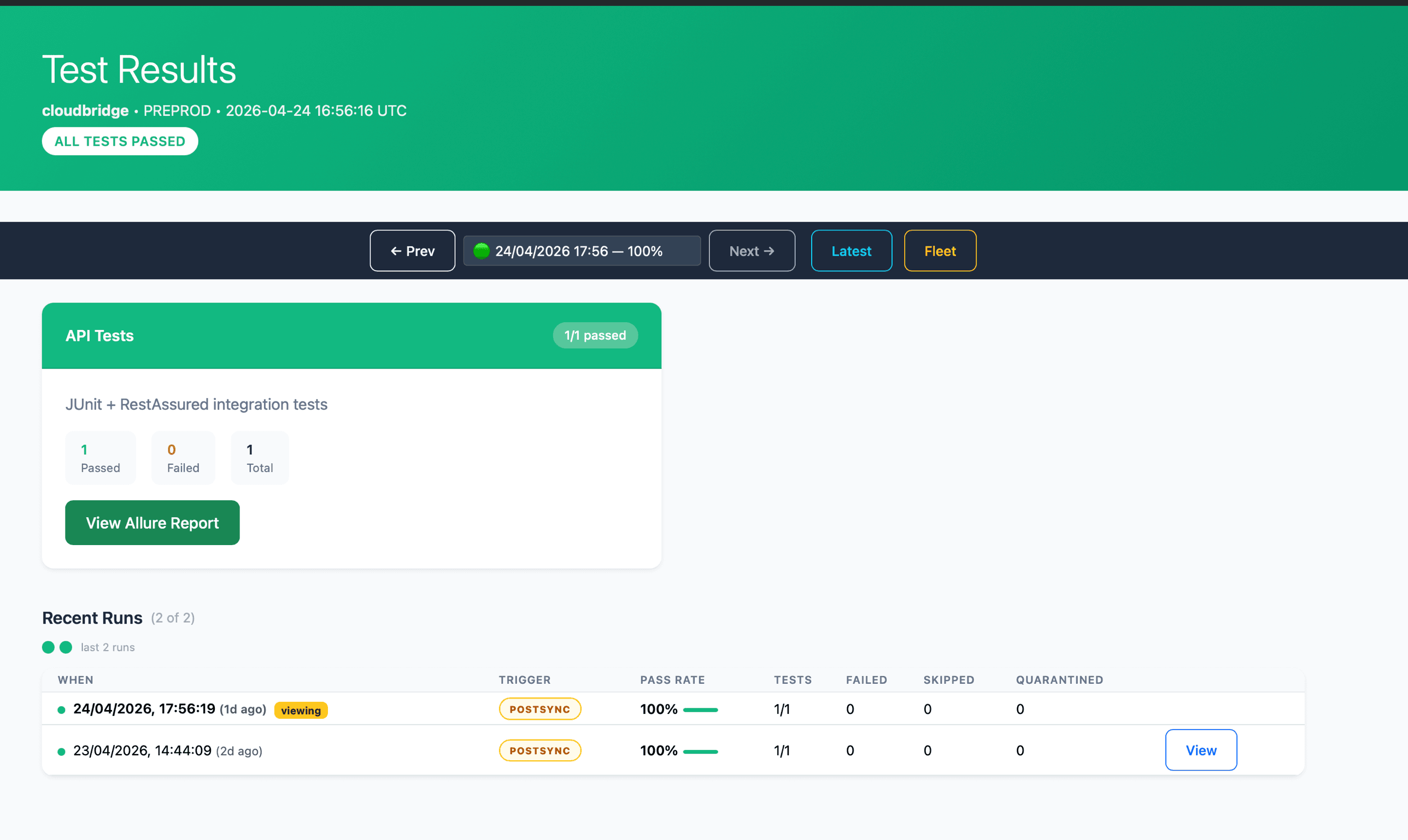 Sentry per-service test results page for cloudbridge in preprod